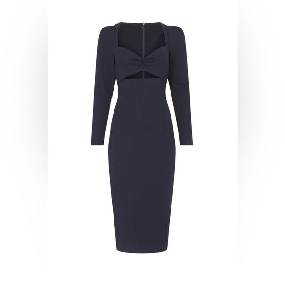 Elliatt Scarlette Navy Blue Midi Long Sleeve Cutout Cocktail Dress Size L - Picture 2 of 12